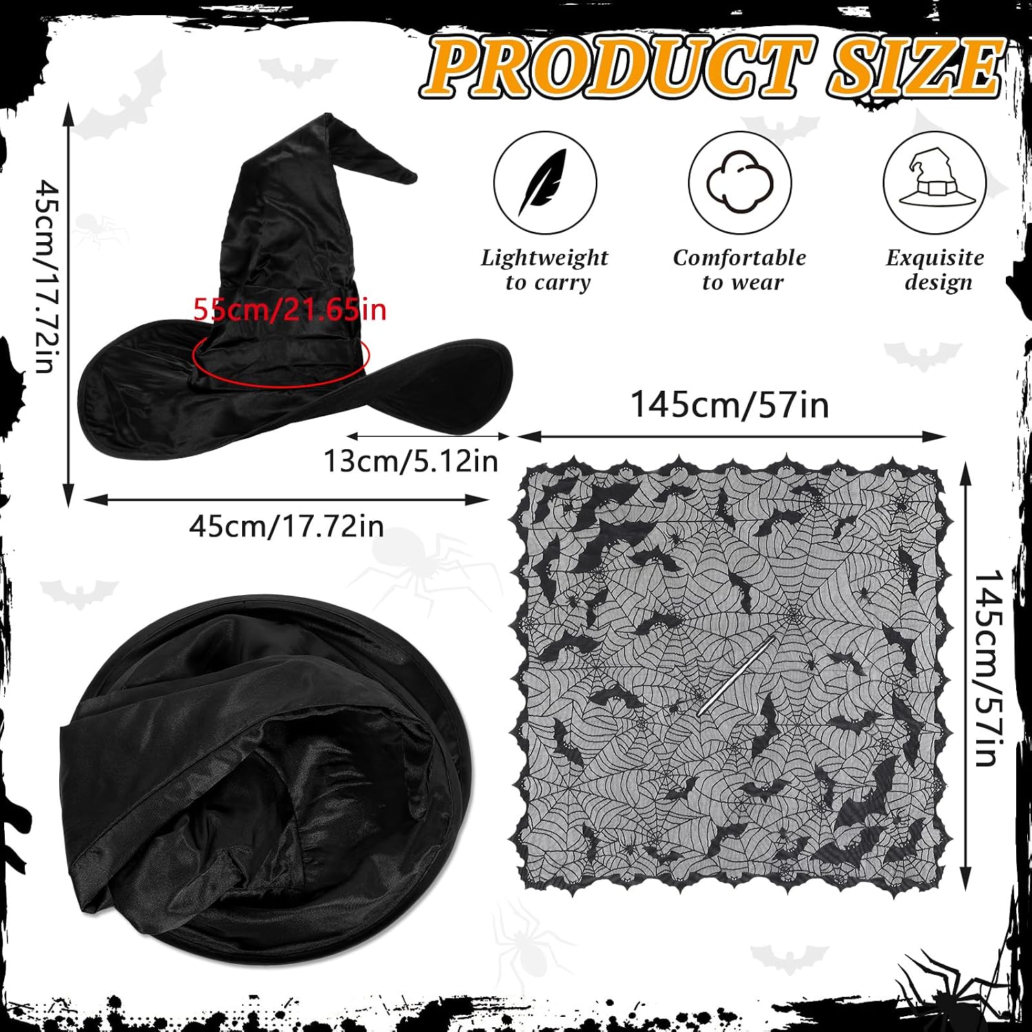 Liitrsh 2 Pcs Halloween Witch Costume Women Witch Hat and Cape Plus Size Bats Spider Web Poncho for Adult Masquerade Cosplay