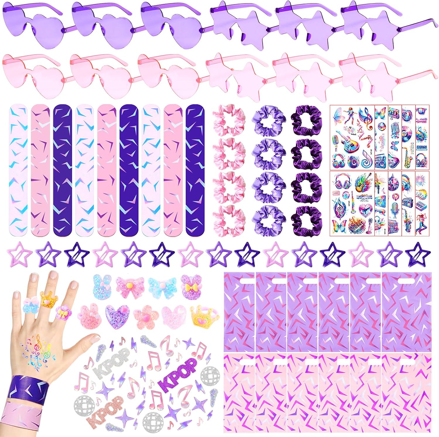 228 Pcs/12 Set Kpop Party Favors, Popular Singer Party Friendship Gifts Set, Purple K pop Birthday Decorations Supplies, Heart Sunglasses Slap Bracelets, Disco Music Themed Bag Stuffers for Women