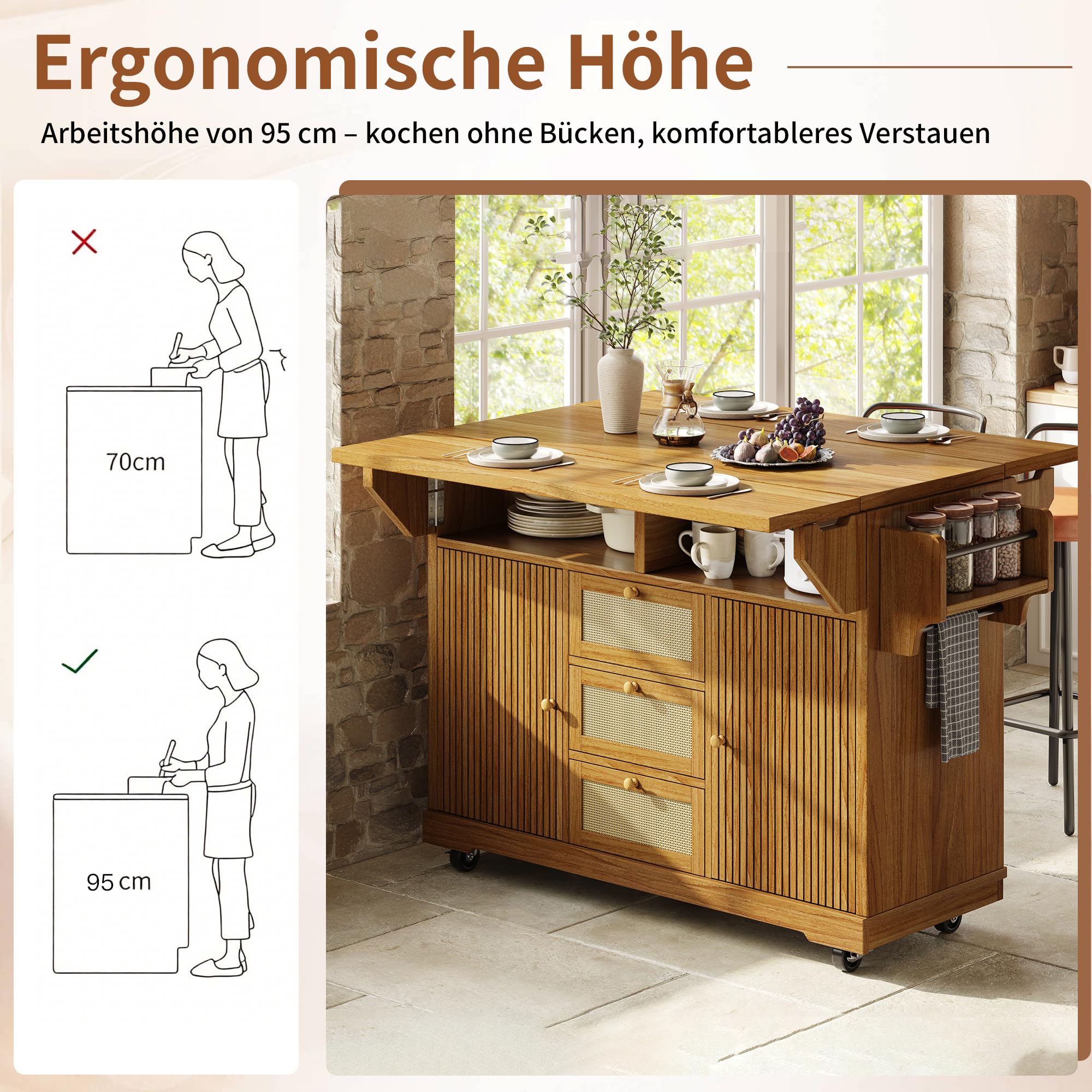 Carro plegable para servir de 95 cm con altura ergonómica, cajones de ratán de polietileno, carrito móvil para cocina, balcón y camping, color marrón oscuro