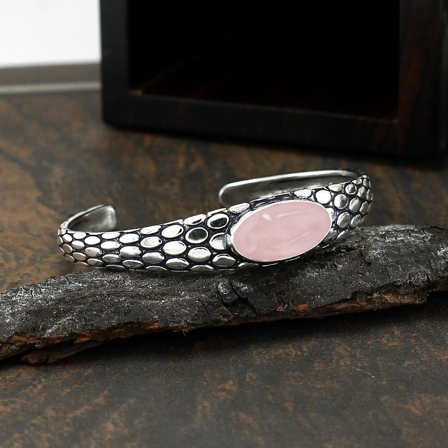 Natural Rose Quartz Cuff Bangle Bracelet for Men Women – Handmade 925 Silver Plated Adjustable Boho Jewelry – Pink Gemstone January Birthstone Statement Bangle – Gift for Him Her - Image 5