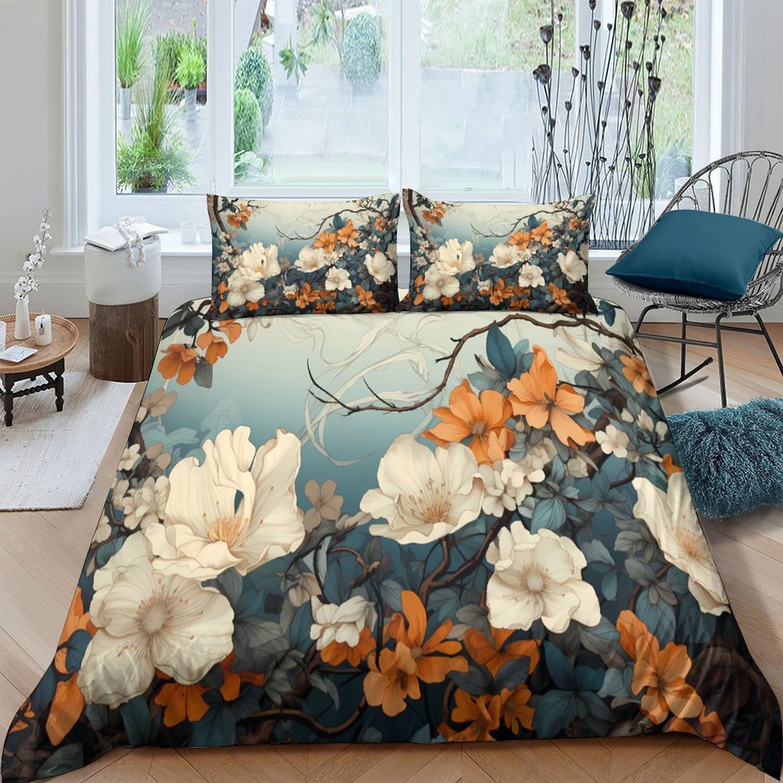 Ctjqhvkz Style-1 3D Printed Vintage Floral Fitted Sheet Microfiber Soft Orange White Magnolia Bed Cover Bedroom Dorm Decor Mattress Protection Single（135X200cm）