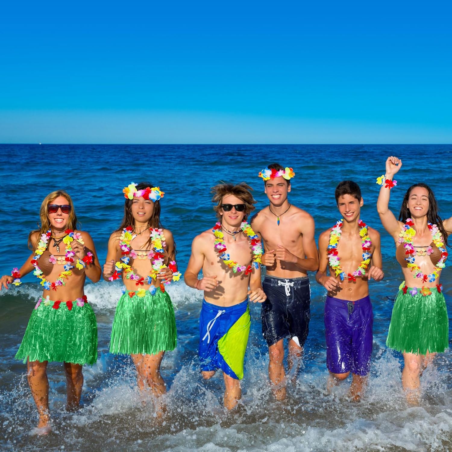 Janmercy 8 Sets Hula Skirt Kit:Hawaiian Grass Skirts, Coconut Bras for Women Luau Party Tropical Party Favors