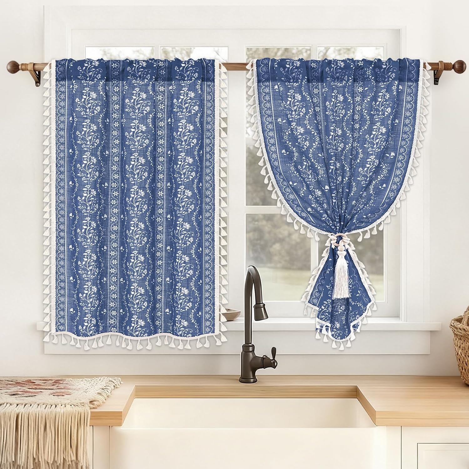 Yinhua Boho Kitchen Curtains 36 Inch Length Vintage Linen Cafe Curtains Light Filtering Bohemian Floral Tier Rod Pocket Farmhouse Rustic Tassel Small Drapes with Tiebacks, 2 Panels, Blue