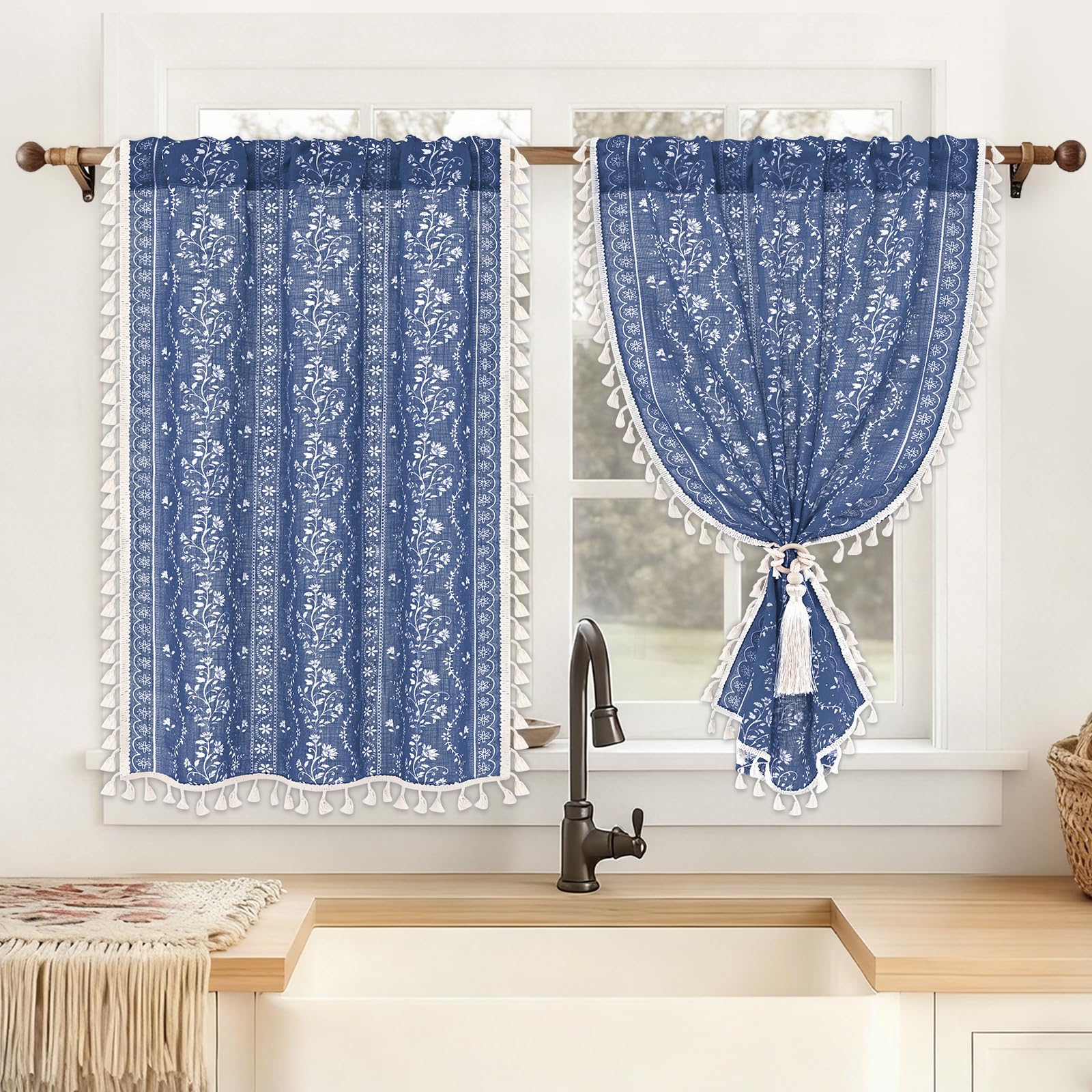 Yinhua Boho Kitchen Curtains 36 Inch Length Vintage Linen Cafe Curtains Light Filtering Bohemian Floral Tier Rod Pocket Farmhouse Rustic Tassel Small Drapes with Tiebacks, 2 Panels, Blue