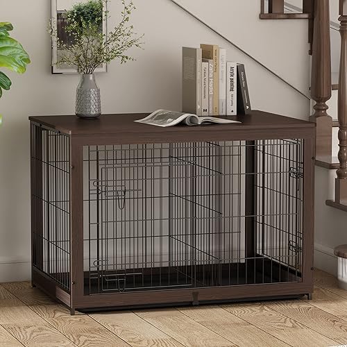 Piskyet Muebles de madera para perros pequeños medianos y grandes mesa auxiliar para jaula de perros con bandeja puertas dobles de alambre de madera