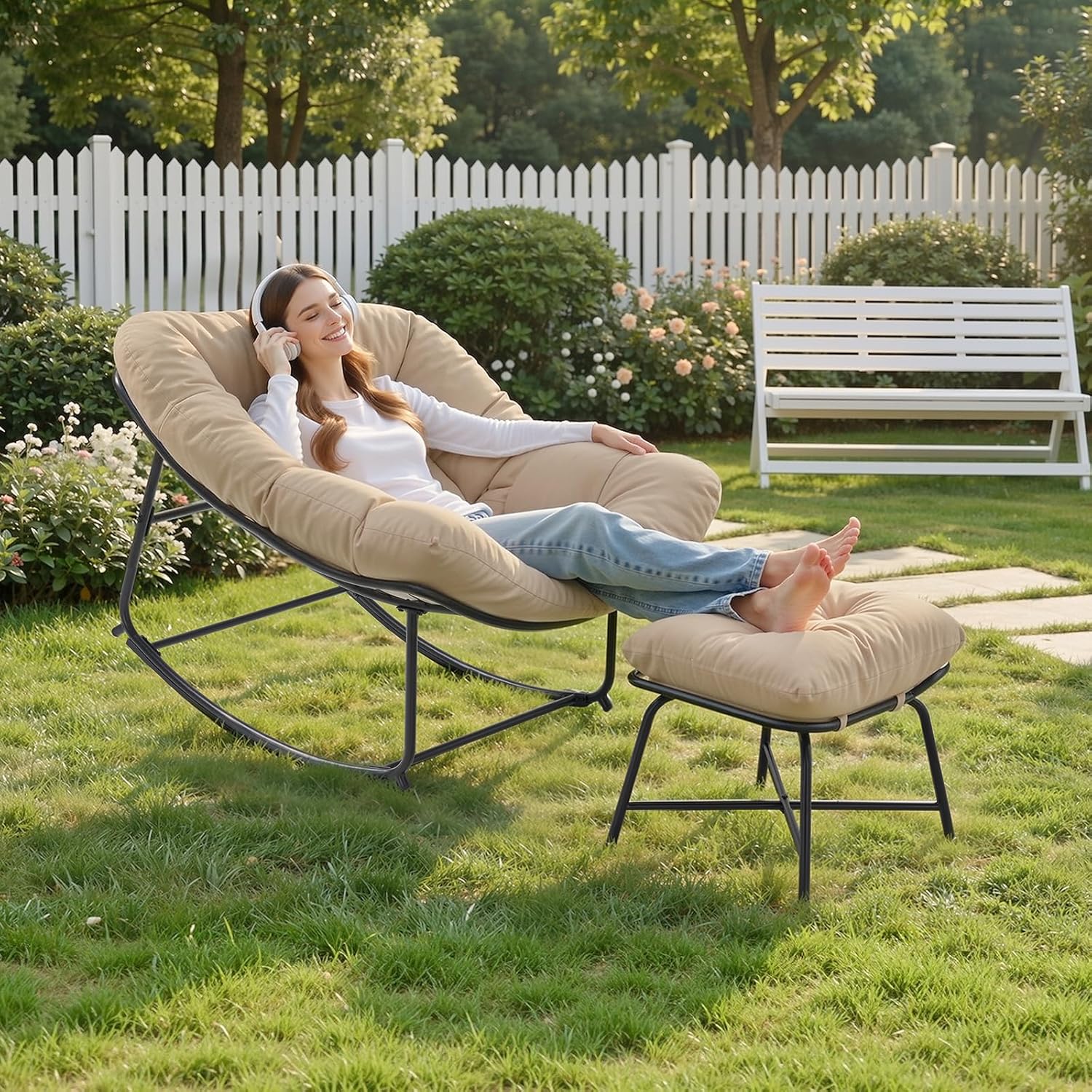 ONBRILL Outdoor Rocking Chairs with Ottoman, Papasan Rocking Chair with Padded Cushions, Oversized Patio Lounge Rocker for Living Room, Porch, Patio, Garden, Beige