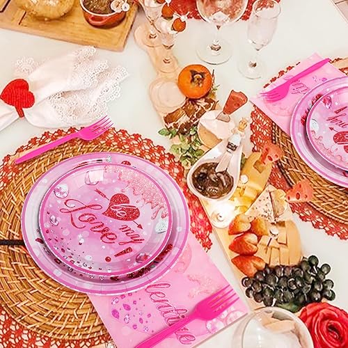 Miniatura 5 de SCIONE Juego de 96 platos y servilletas para el día de San Valentín, platos de papel de corazón rosa intenso para decoración de fiesta del día de