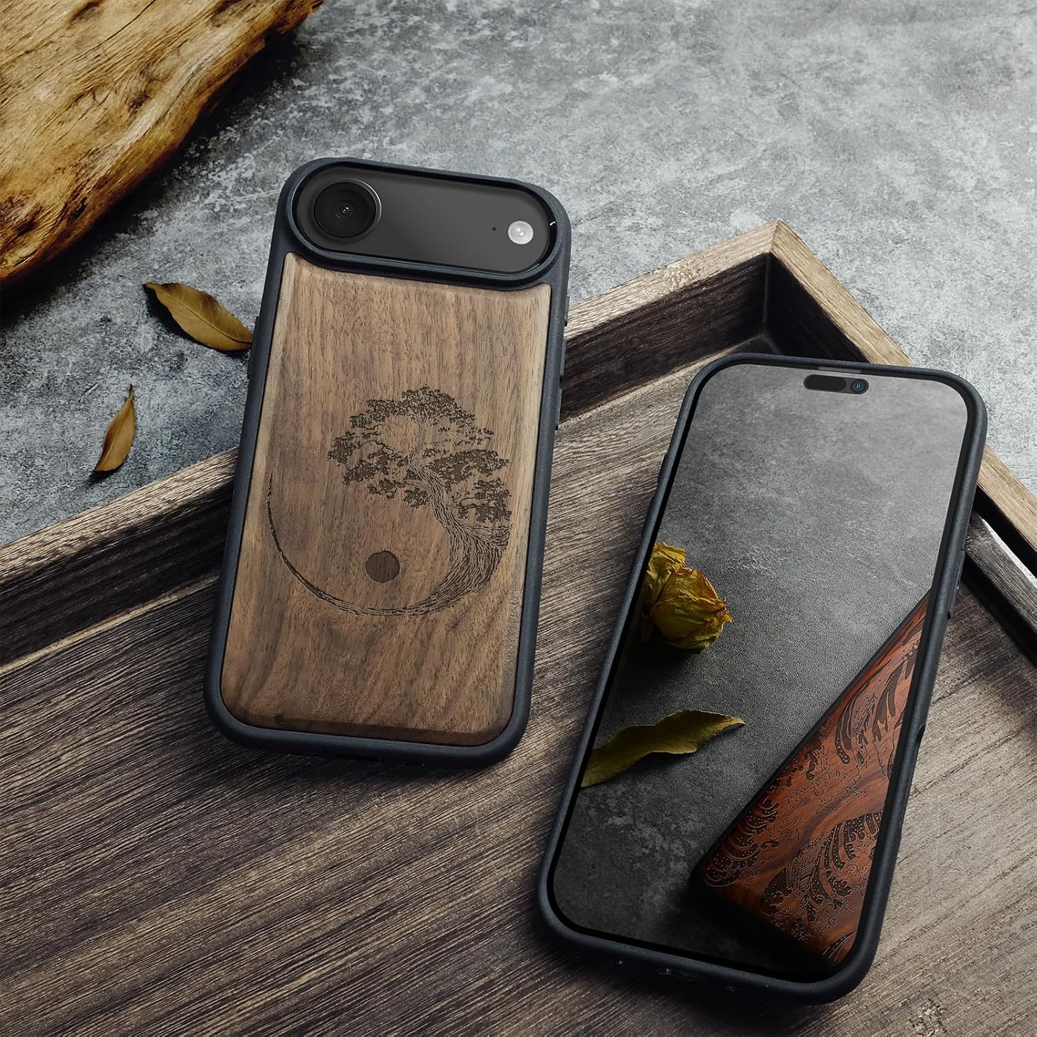 Carveit Magnetic Wooden Case for iPhone Air Case, Wood Artisan Engraved & Soft TPU Shockproof Cover, Compatible with MagSafe 17 Air Wireless Chargers (Yin Yang Bonsai Tree) Walnut