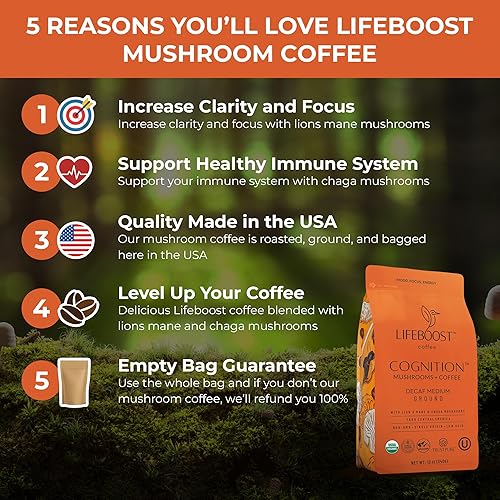 Miniatura 2 de Lifeboost Cognition Café descafeinado con hongos - Café descafeinado orgánico de tostado medio bajo en ácido con hongos melena de león y chaga -