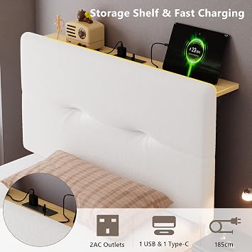 Feonase 3ft Single Bed Frame with Storage Velvet Headboard, Upholstered Single beds with Charging Station, Sturdy Wooden Slat Support, Easy Assembly, Beige