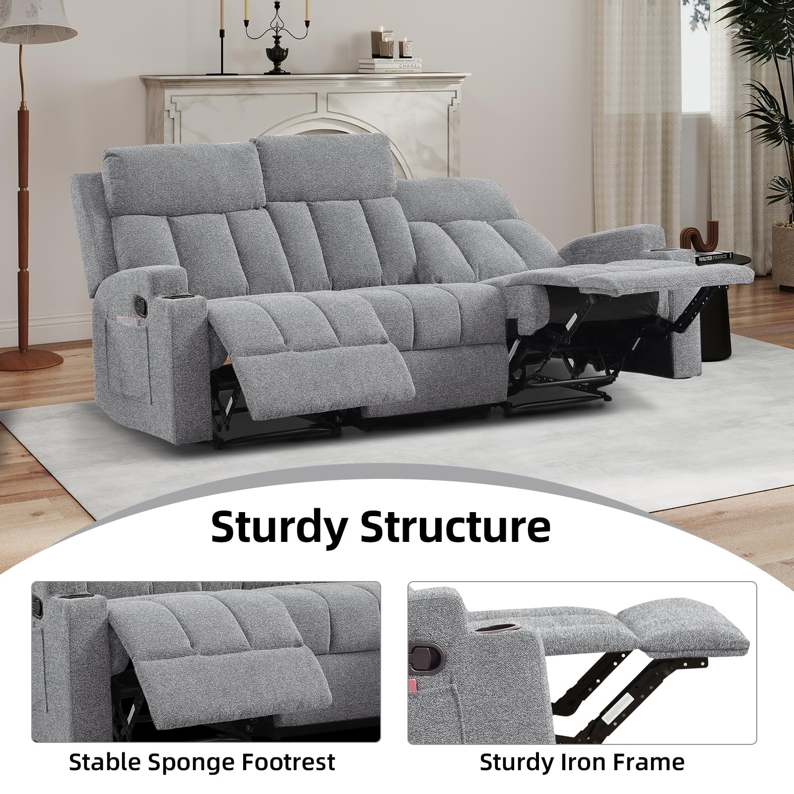 CANMOV Manual Recliner Sofa Set, Fabric Recliner Living Room Furniture Sets, 1 Seat Reclining Chair and a 3 Seate Sofa Furniture Set with Side Pockets and Cup Holders, Light Grey view 5