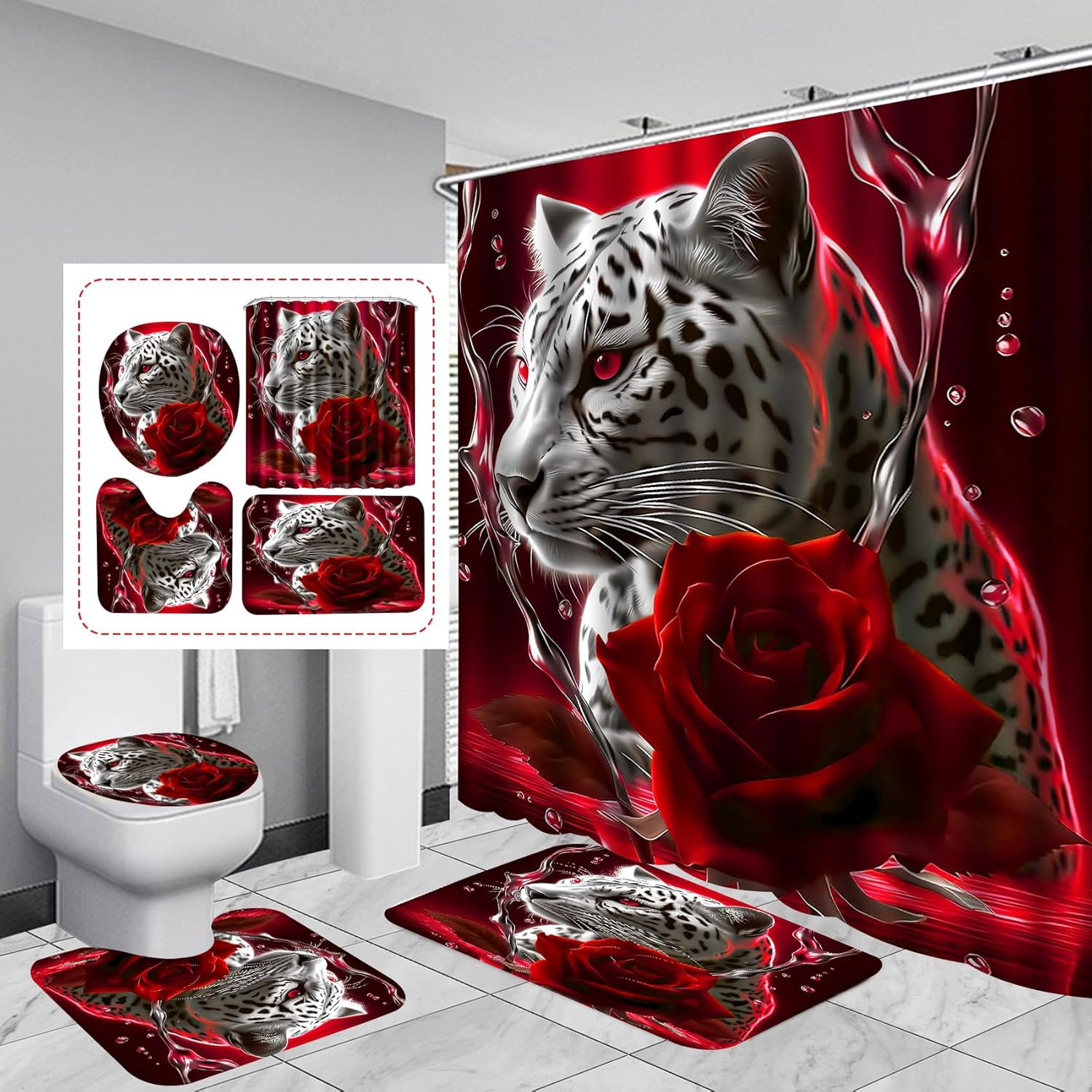 beifivcl 4PCS Red Rose and Leopard Shower Curtain Bathroom Set with Non-Slip Rugs, Toilet Lid Cover and Bath Mat, Red Bathroom Decor Set Accessories Shower Curtains with 12 Hooks, 72 x 72 Inch