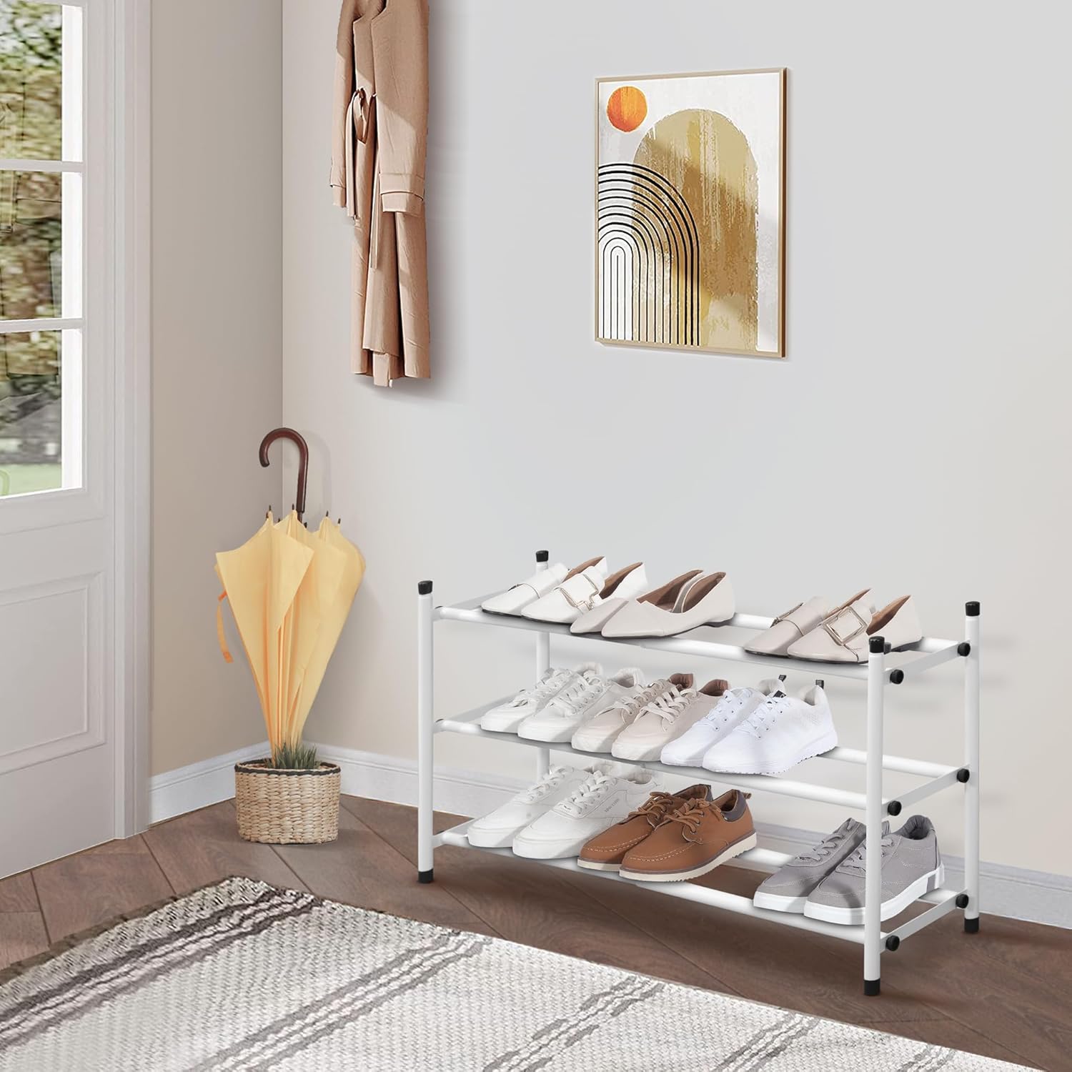 STORAGE MANIAC Expandable Shoe Rack, 12 Pairs Stackable Small Shoe Rack, Metal Adjustable Shoes Organizer for Closet, Entryway, Hallway, Garage, Front Door, Shoes Shelves, White 3 Tier