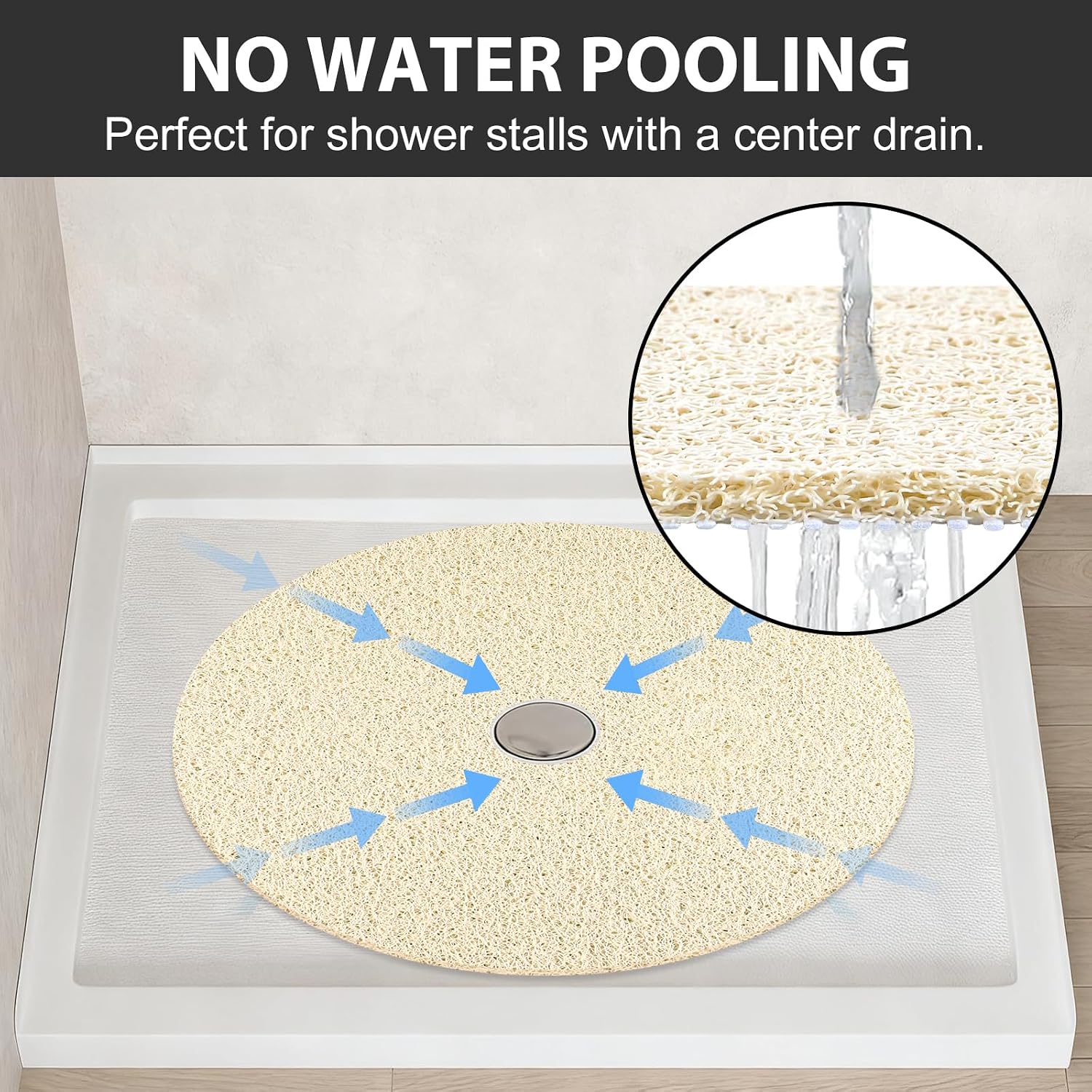 Non Slip Shower Mat: 32x32 inch Round Shower Mats for Inside Shower with Central Drain Hole, Soft Loofah Shower Floor Mat for Standing Shower Stall, RV, Tile Fiberglass Shower Pan, Quick Dry