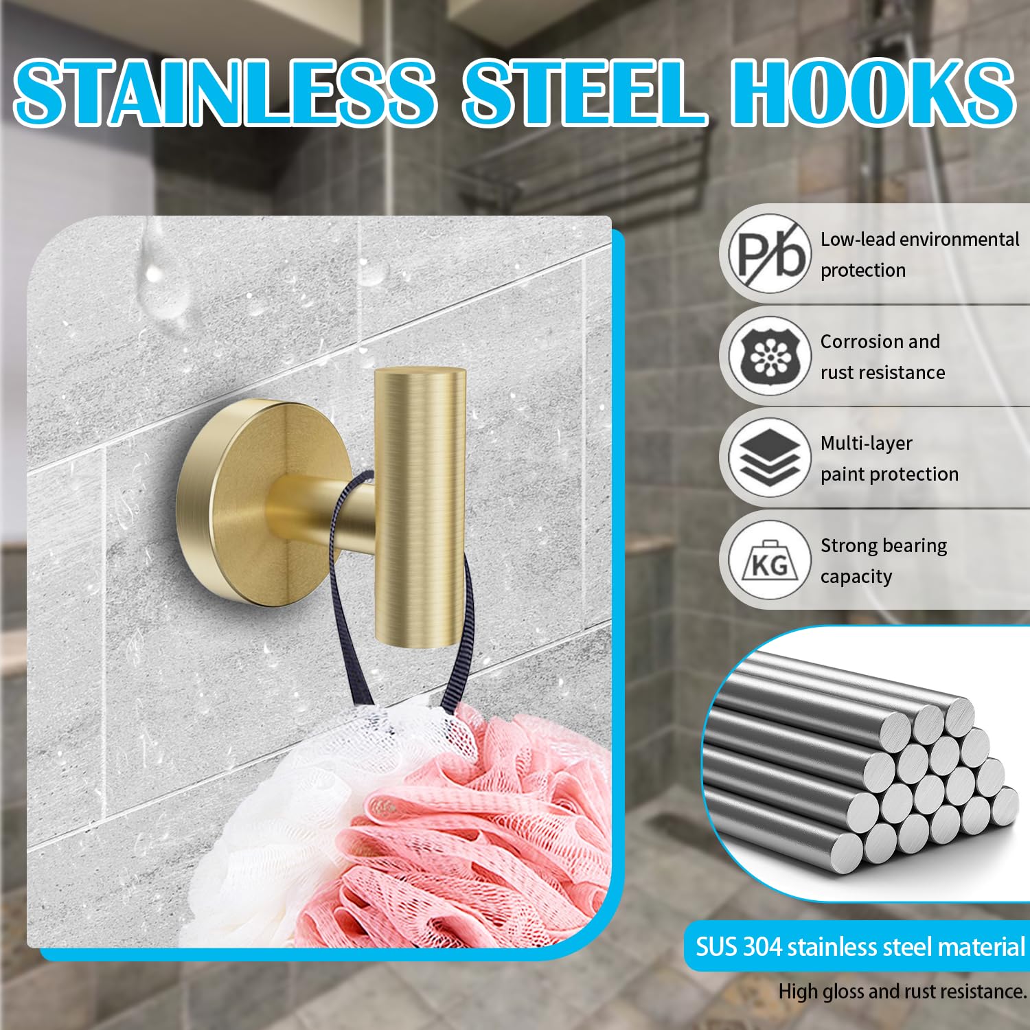 elook 2 PCS Coat Hooks, Screw in Metal Bathroom Towel Hook, SUS 304 Stainless Steel Heavy Duty Door Hanger - Image 4