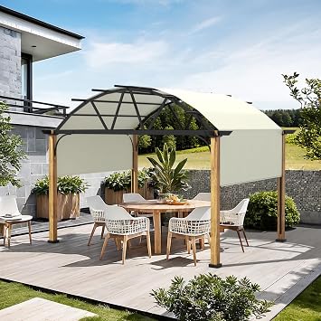 12' X 12' Outdoor Aluminum Pergola with Retractable Canopy, Wood Grain Columns, Modern Style
