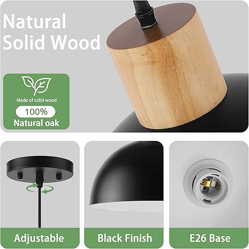 Miniatura 2 de Paquete de 3 lámparas colgantes de madera maciza, modernas lámparas colgantes de color negro mate, iluminación colgante de cúpula ajustable, para