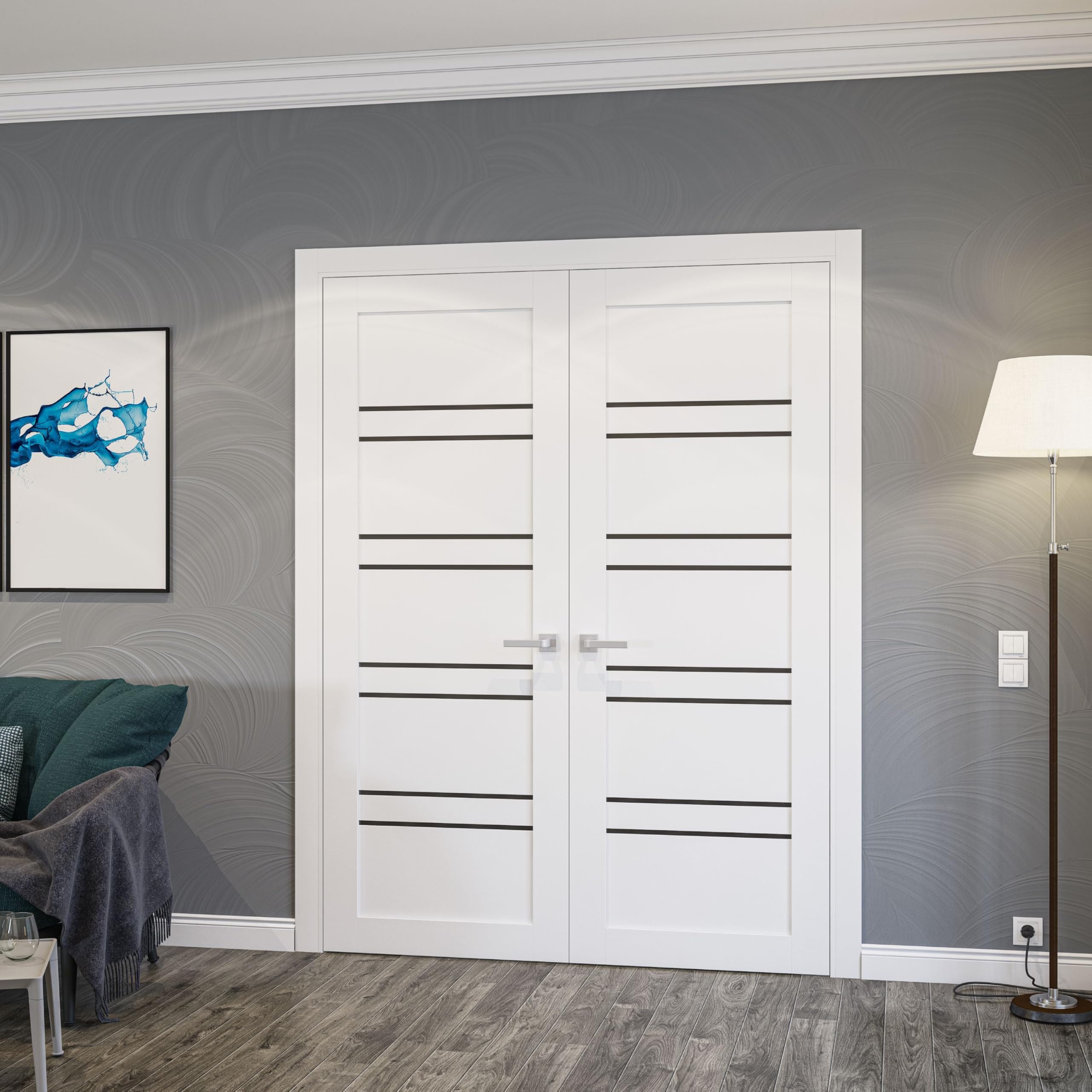 SARTODOORS Interior French Doors 36 x 80 inches | Base 1094 White Double Swing Doors | Opaque Glass MDF Modern | Living Room Office