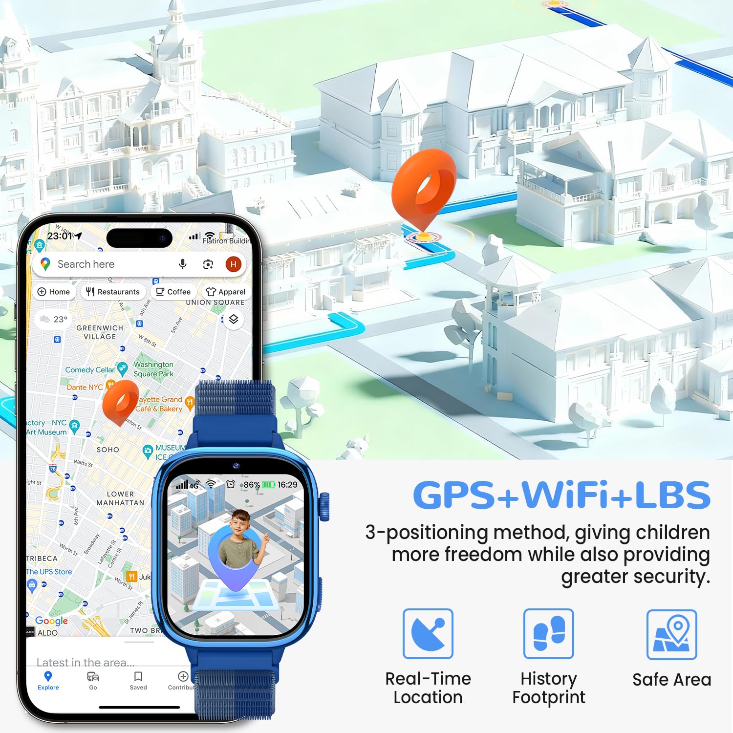 RUXINGX Smartwatch Bambini con GPS, Videochiamate, 4G Orologio Chiamate Blu | Chat Vocale, Funzione SOS, Modalità Scuola, Fotocamera, Sveglia, Contapassi Impermeabile IP68 per Ragazzi Ragazze Blu