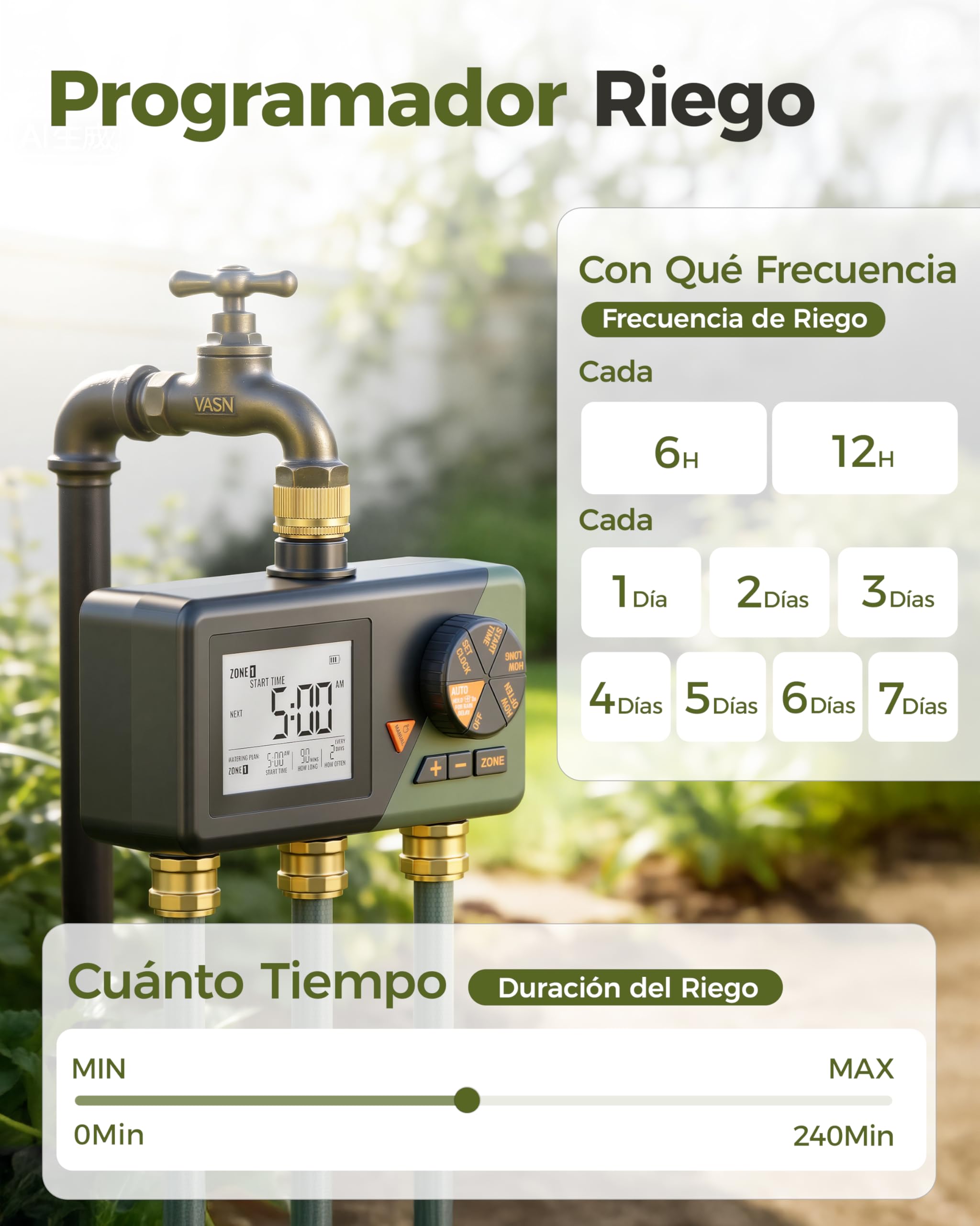 Diivoo Latón Temporizador Riego Automático 3 Salidas para Jardín y Césped | Gran Pantalla LCD, Retraso por Lluvia, Riego Manual/ Automatico
