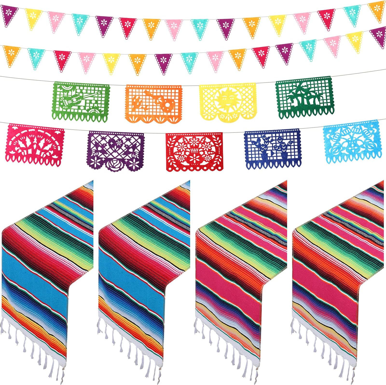 7 Pcs Mexican Table Runner 14 x 110'' Serape Table Covers Papel Picado Banner Fiesta Hanging Pennant Flag Banner for Party Decor (Rose Red, Blue)
