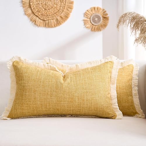 Vista 11 de Juego de 2 fundas de almohada de lino sintético de 20 x 20 pulgadas, color amarillo mostaza, fundas de almohada decorativas de estilo bohemio granja