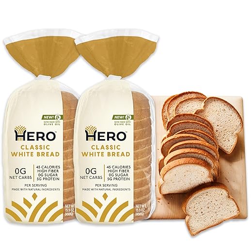 Hero Bread™ Classic White Bread — 0g Net Carb, 0g Sugar, 45 Calories, 10g Fiber per Slice | Low Net Carb Bread Loaf —15 Slices/Loaf, 2 Loaves