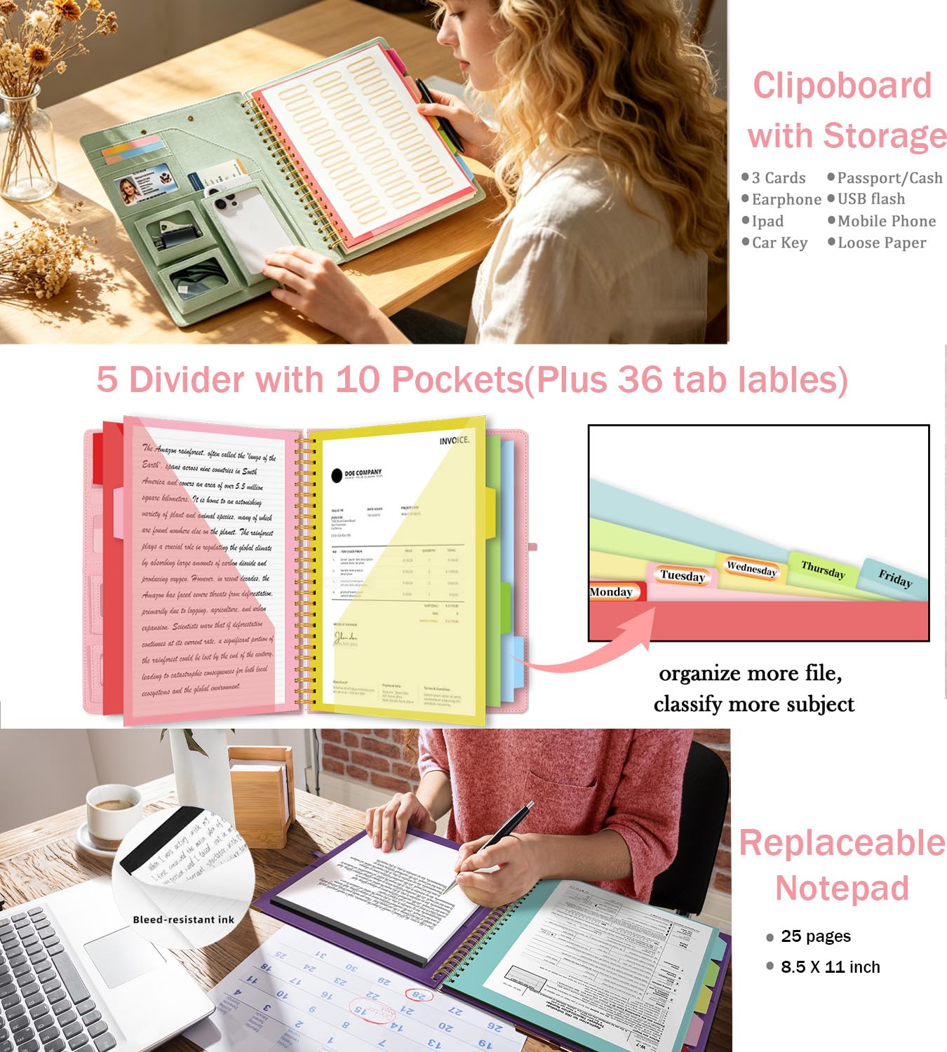 Sauge Porte-bloc pliable à spirale avec pochette de rangement zippée, 5 dossiers en plastique avec poches, bloc-notes ligné rechargeable (21,6 x 27,9 cm), organiseur de projet à couverture