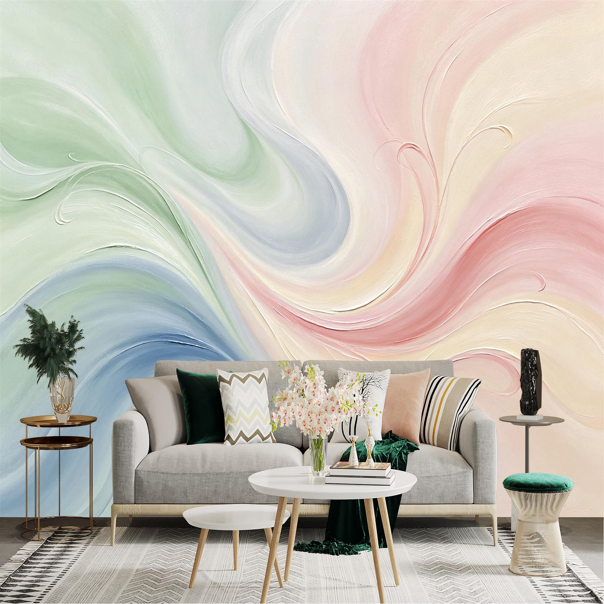 Lnzczhyre Dbh260521932 Custom Size Wall Sticker Mural， Soft Pastel Abstract Swirls， Fluid Watercolor Texture， Flowing Gentle Lines， Minimalist Modern Art， For Wall Decoration， Peelandstick Wall Decals.
