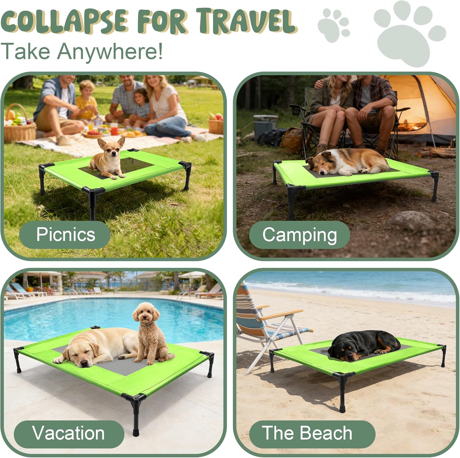 Elevated Dog Bed for Large Dogs - Outdoor Cooling Cot with Washable Breathable Mesh, Portable Raised Pet Bed with Non-Slip Feet & Waterproof Teslin, Heavy Duty & Chew Proof for Camping (Green, Small)