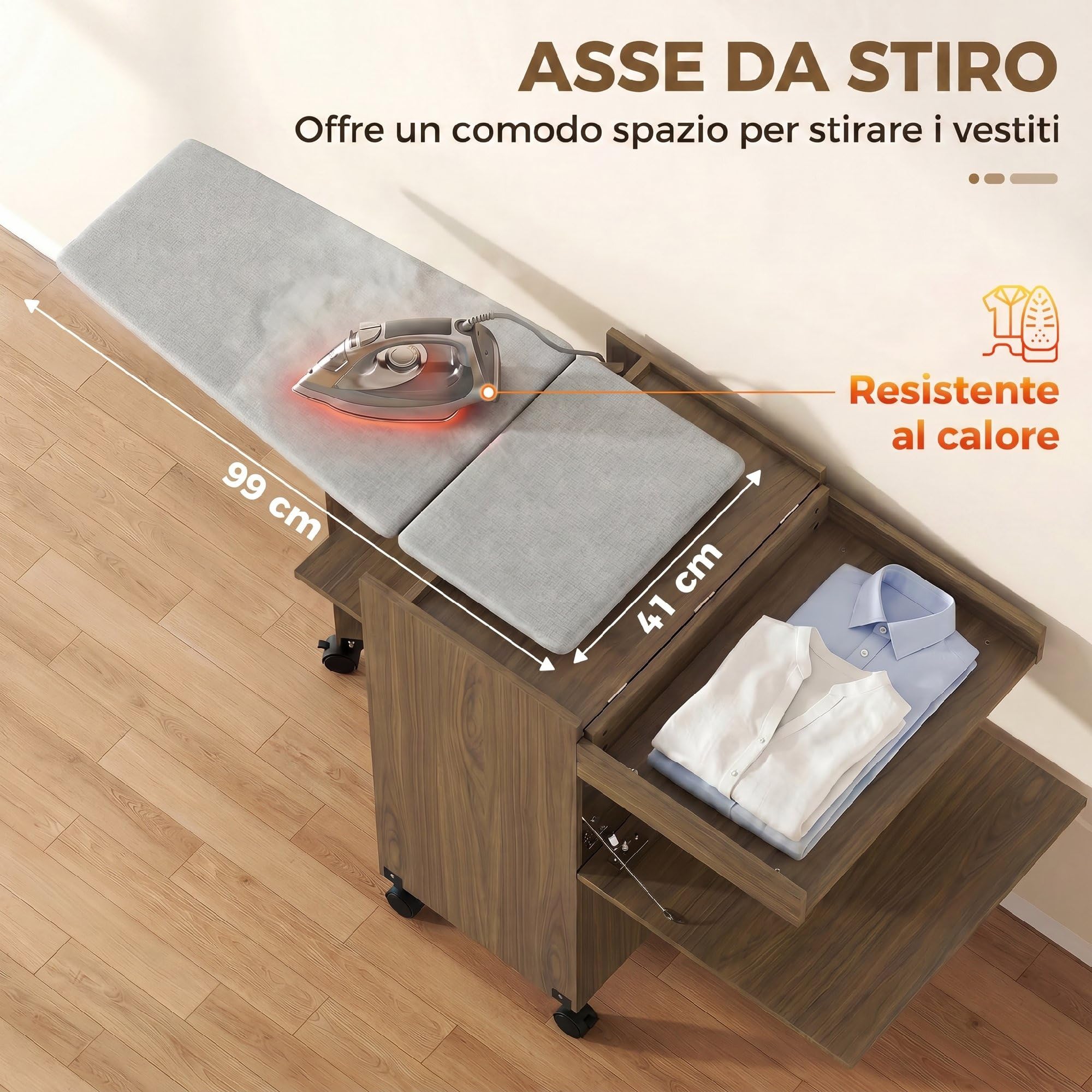 HOMCOM Bügeltisch, zusammenklappbar, mit Rädern, 154 x 55 x 87 cm, Braun | Bügeleisenhalter, Mehrzweckschrank mit Ablagen, offenes Fach, für Waschküche, Badezimmer