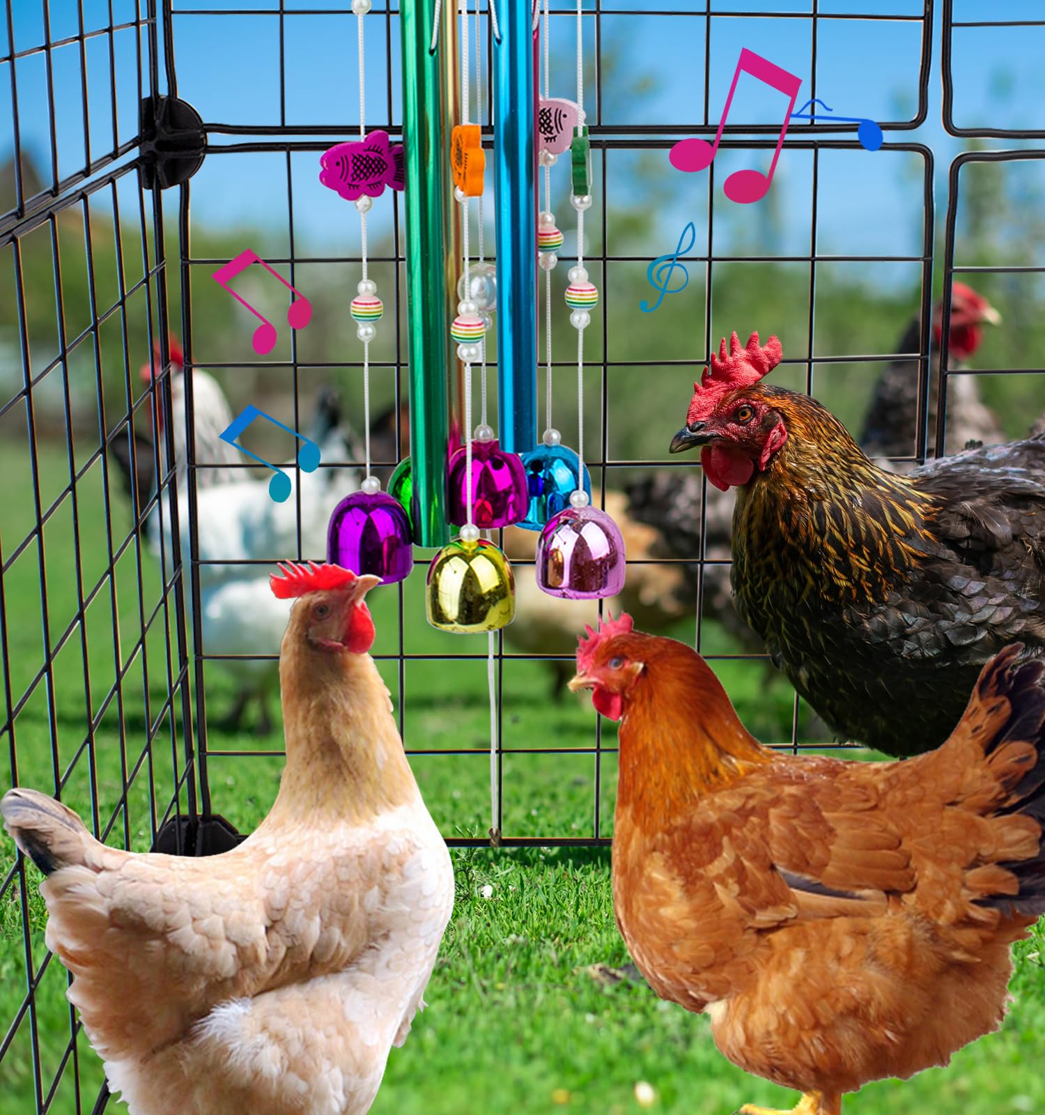 OOXYG Chicken Toys for Coop, Chicken Wind Chime Enrichment Toys, Hanging Chick Peck Toy with Colorful Bells, Home Garden Musical Coop Accessories, Coops Toy for Hens Chicks Poultry Birds Parrots