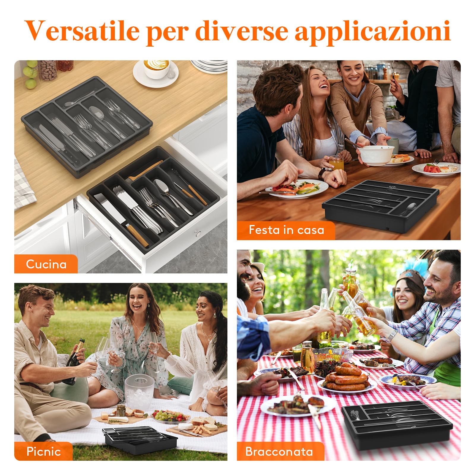 Lifewit Portaposate con Coperchio, Contenitore Porta Posate da Cassetto per Cucina, Organizer in Plastica per Cassetto per Cucchiai, Forchette, Coltelli, 6 Scomparti, Nero