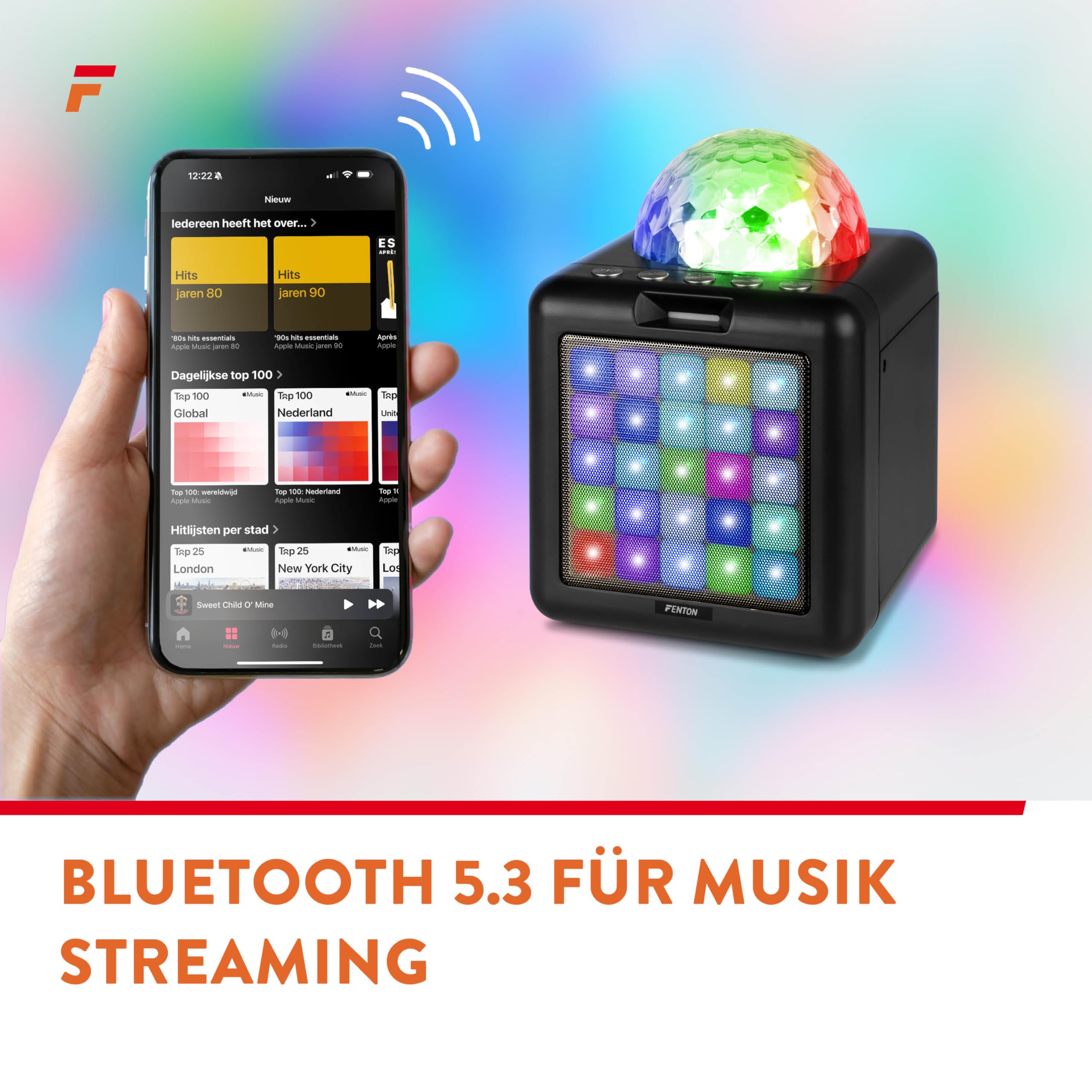 Fenton KAR15B Mobile Karaoke Maschine Kinder mit 2 Mikrofonen, Bluetooth, Akku, LED-Lichteffekte, Echo-Modi & AUX-Eingang - Tragbare Karaoke Box mit USB-C-Kabel, ideal für Partys & Duette - Schwarz
