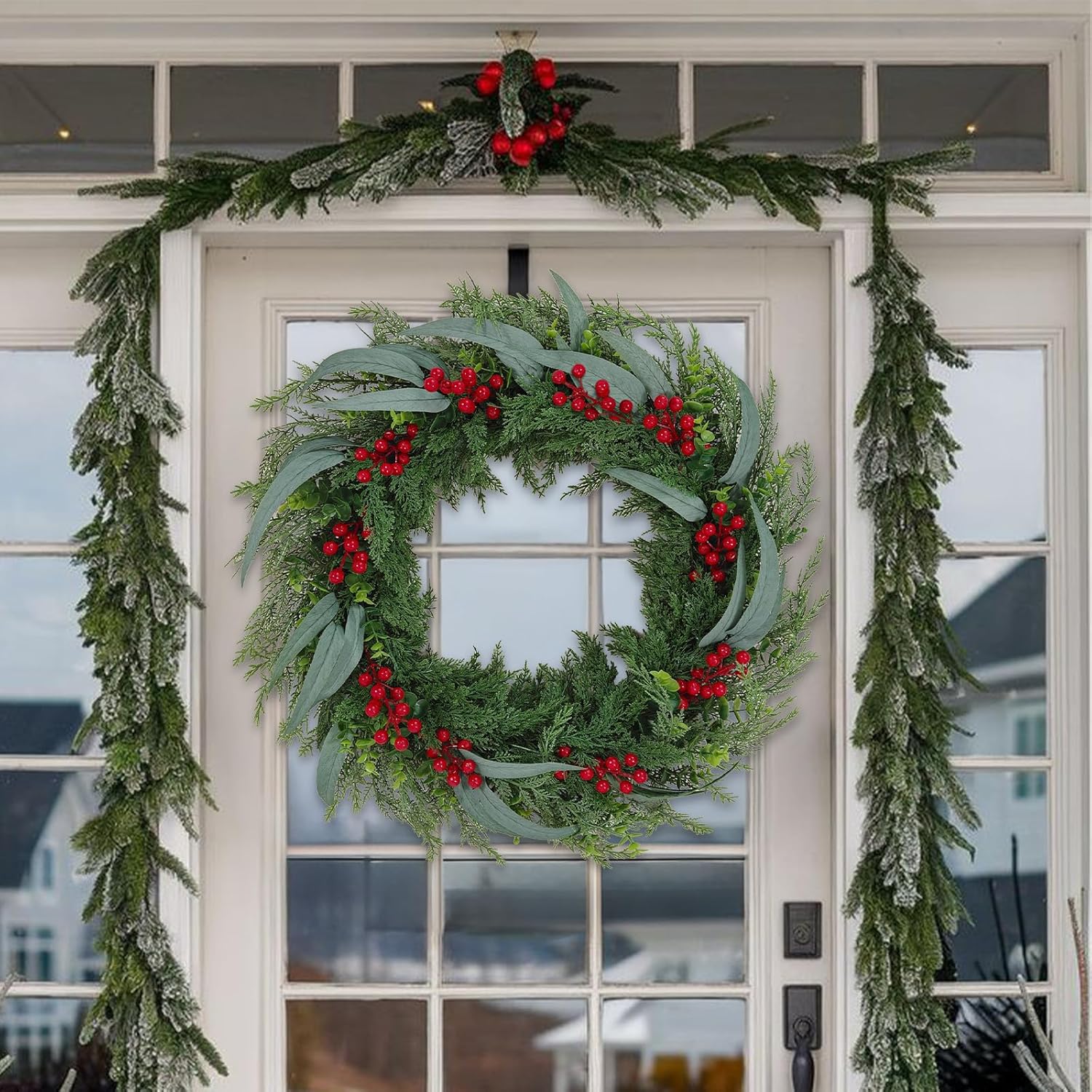 24-inch Christmas Norfolk Pine Wreath, Outdoor Front Door Green Wreath Decoration with red Berries, Suitable for Indoor and Outdoor Family Living Room Porch Christmas Holiday Winter Decoration.