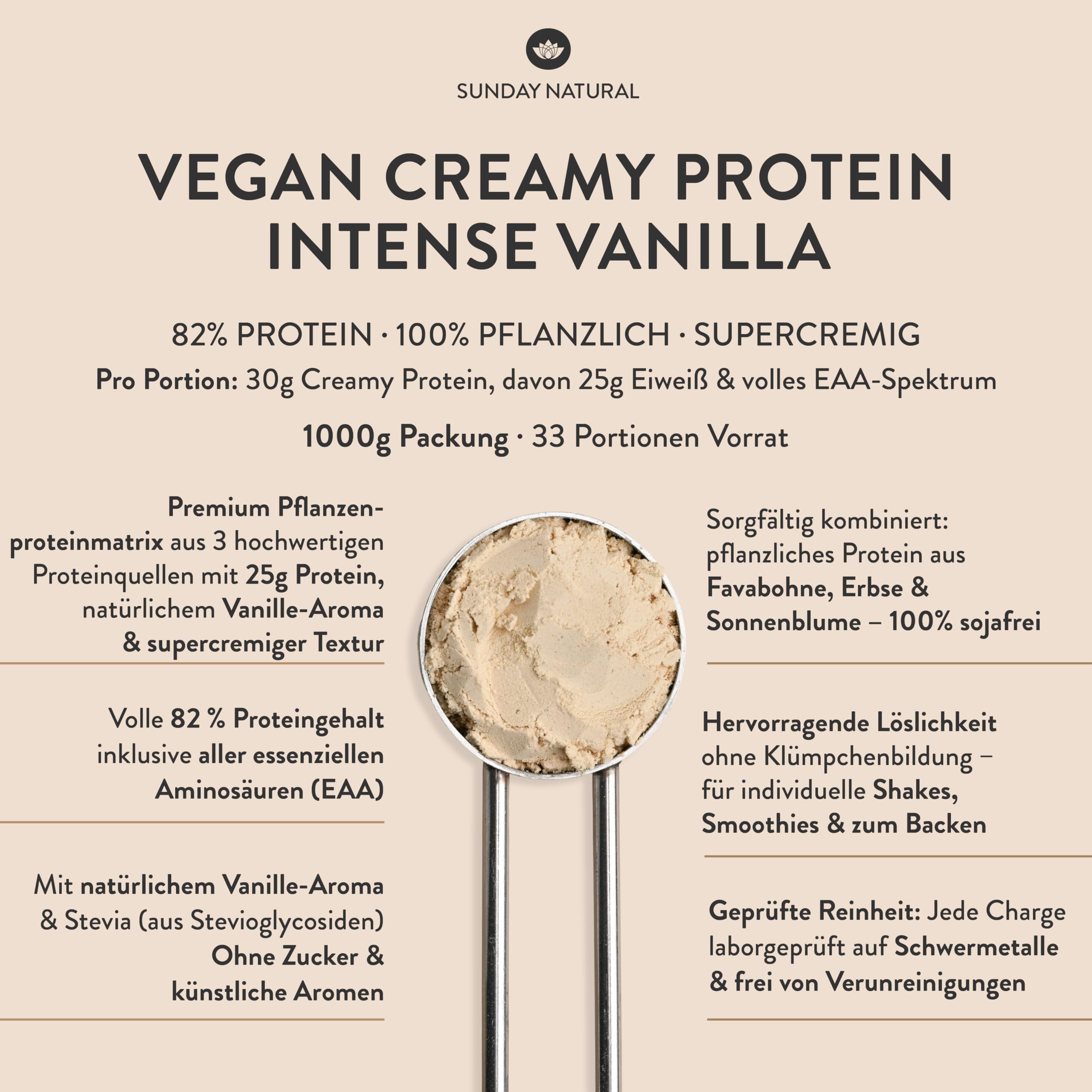 SUNDAY NATURAL® Veganes Proteinpulver – 1 Kg – Super Creamy Vegan Protein Pulver Vanille – 25g Eiweiß pro Portion - 3K Protein-Shake – Gesamtes EAA- & BCAA-Profil – Ohne Zuckerzusatz, Laborgeprüft
