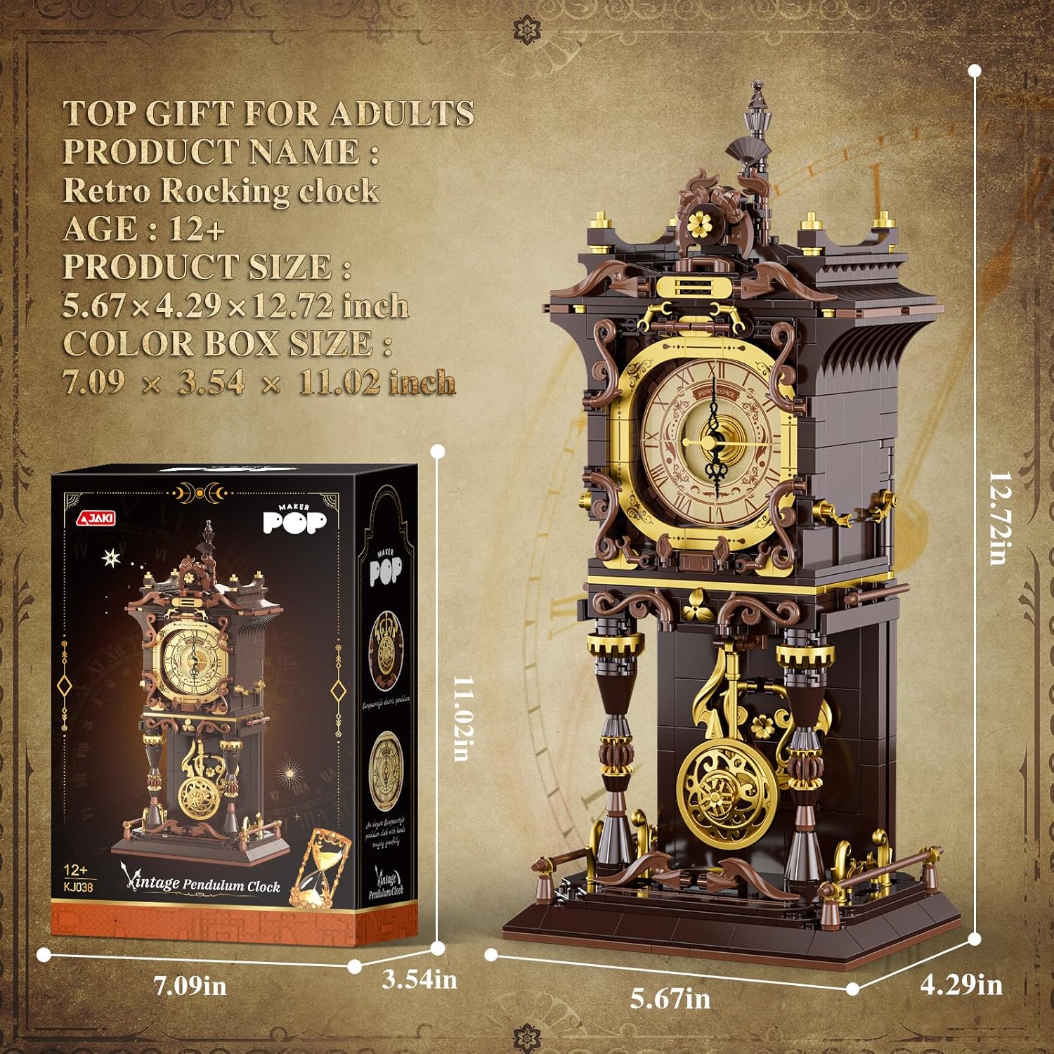 JAKI Vintage Swing Clock Building Blocks Set Real Working Mechanical Clock with Moving Pendulum & Rotating Dial, Retro Steampunk Home Decor Gift for Adults & Teens, Gifts for Birthdays and Christmas