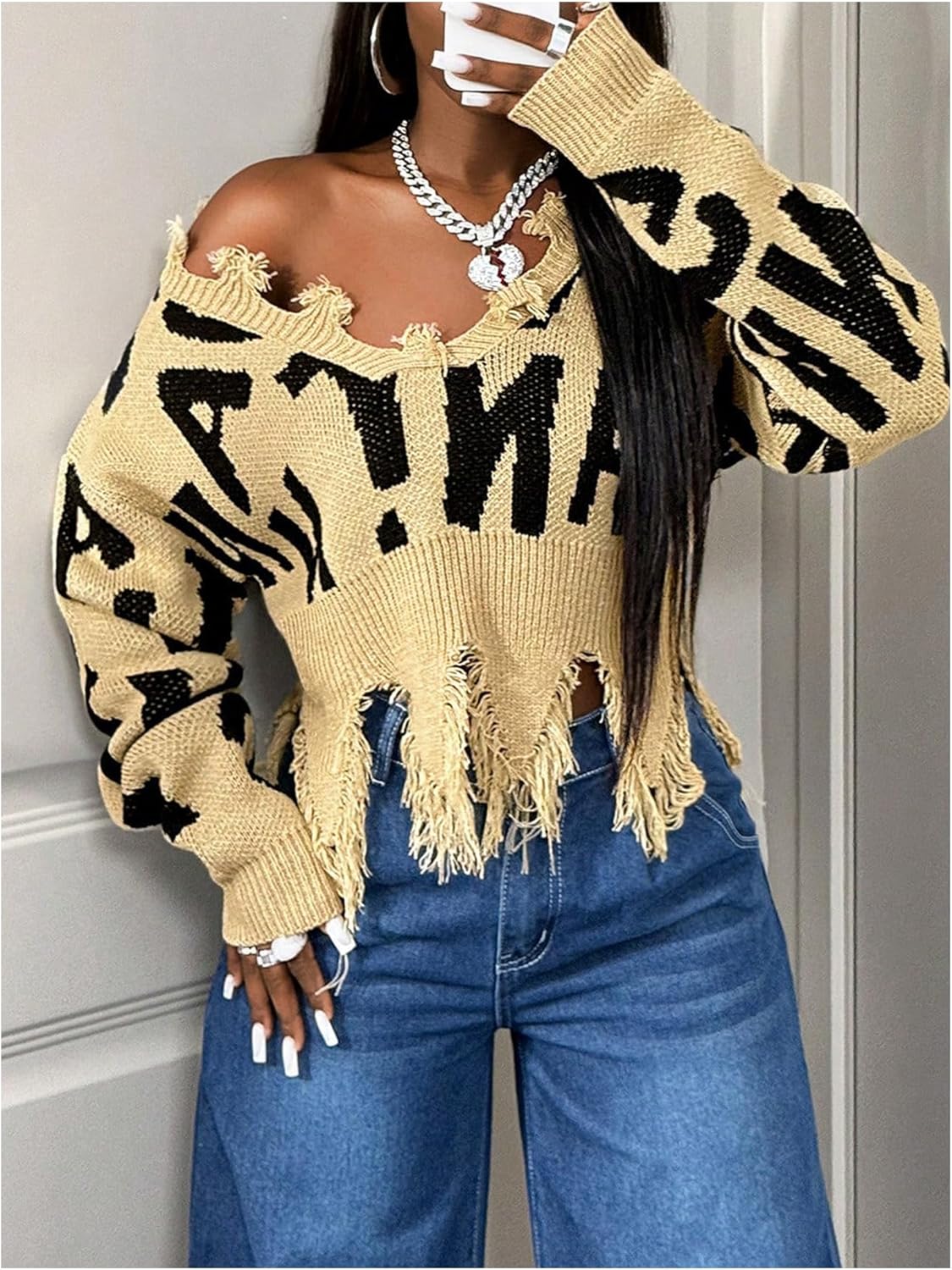 Women's Ripped Cropped Sweaters Letter Graphic Pullover Sweaters Y2k Streetwear Tops - Image 4