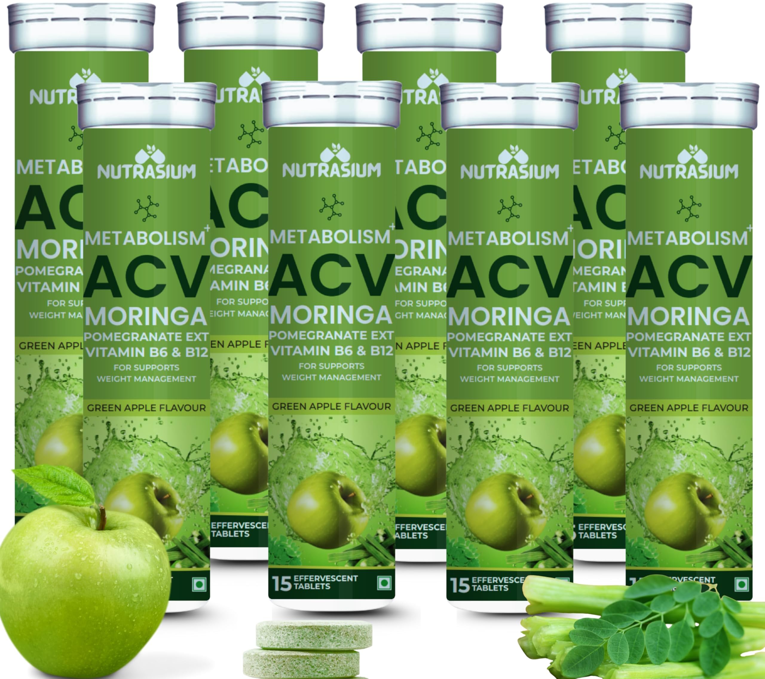 Nutrasium ACV Moringa Metabolism Plus | Apple Cider Vinegar Effervescent Tablet | For Supports Weight Loss, Control Cravings, Convert Fat Into Energy, Boost Energy & Immunity | 120 Tablets Green apple