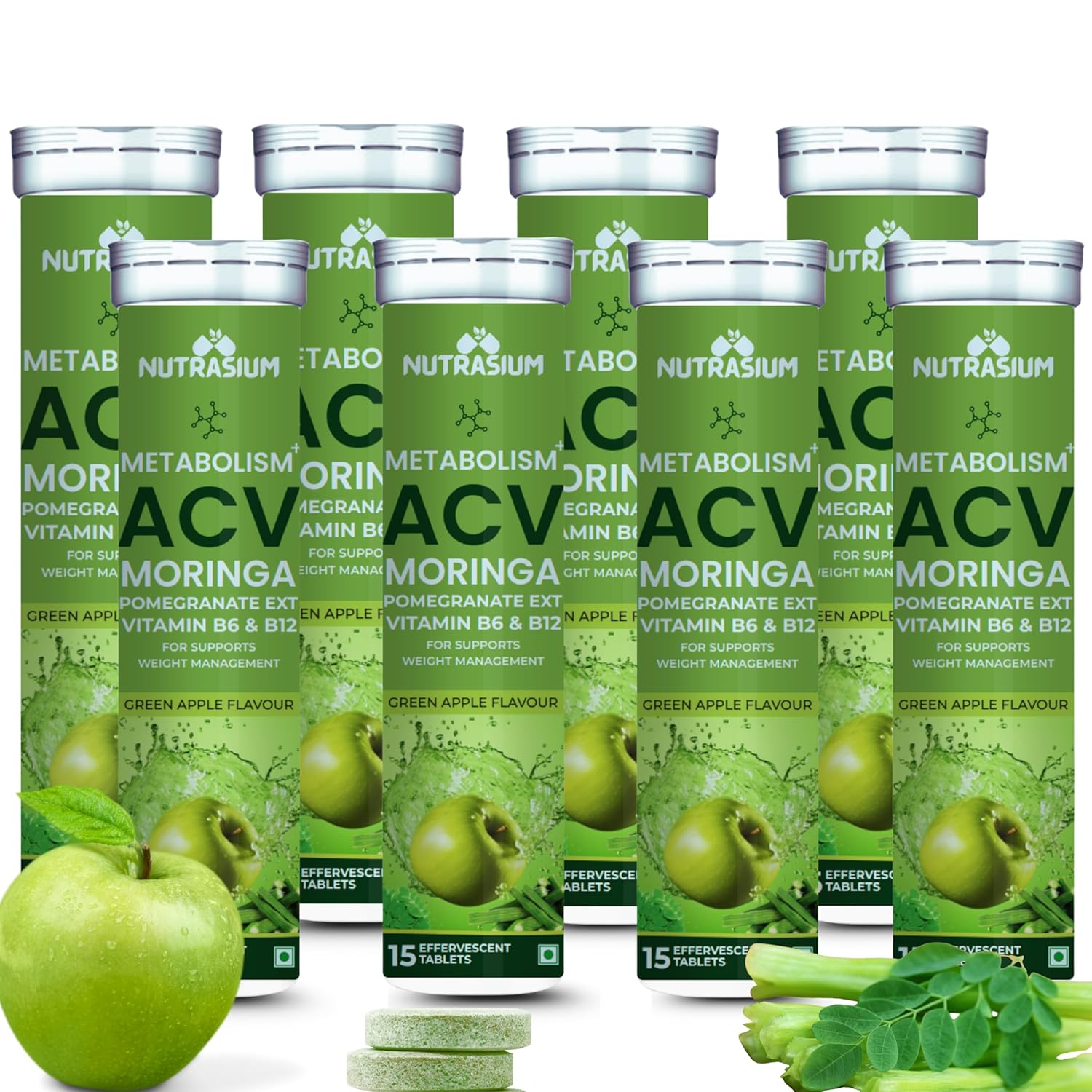 Nutrasium ACV Moringa Metabolism Plus | For Supports Weight Loss, Control Cravings, Convert Fat Into Energy, Boost Energy & Immunity 120 Tablets | Pack of 8X15