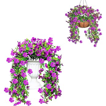 Pack of 2 Artificial Hanging Plants 2 Colours Artificial Flowers Hanging Outdoor Weatherproof 76 cm Artificial Hanging Plants Flowers Like Real Silk Flowers for Outdoor Patios Balcony