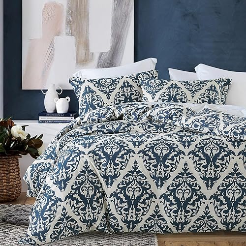 Funda de edredón King  Funda de edredón azul marino tamaño King, funda de edredón 100% algodón, 3 piezas de medallón de damasco con cierre de