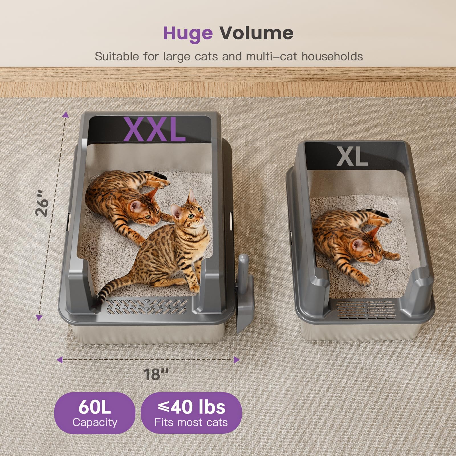 XXL-Katzentoilette aus Edelstahl mit hoher Seite, 66 cm L x 45,7 cm B x 30,5 cm H, extra große Katzentoilette für große Katzen und mehrere Katzen, Katzentoilette mit Anti-Urin-Auslauf, leicht zu