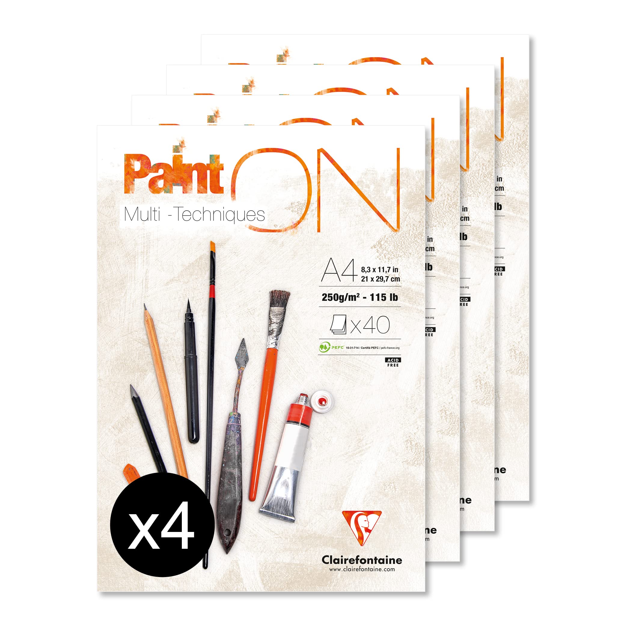 Clairefontaine 96537C - Un bloc encollé de papier dessin Paint'On 40 feuilles 21x29,7 cm 250g, Blanc - Paquet de 4 blocs