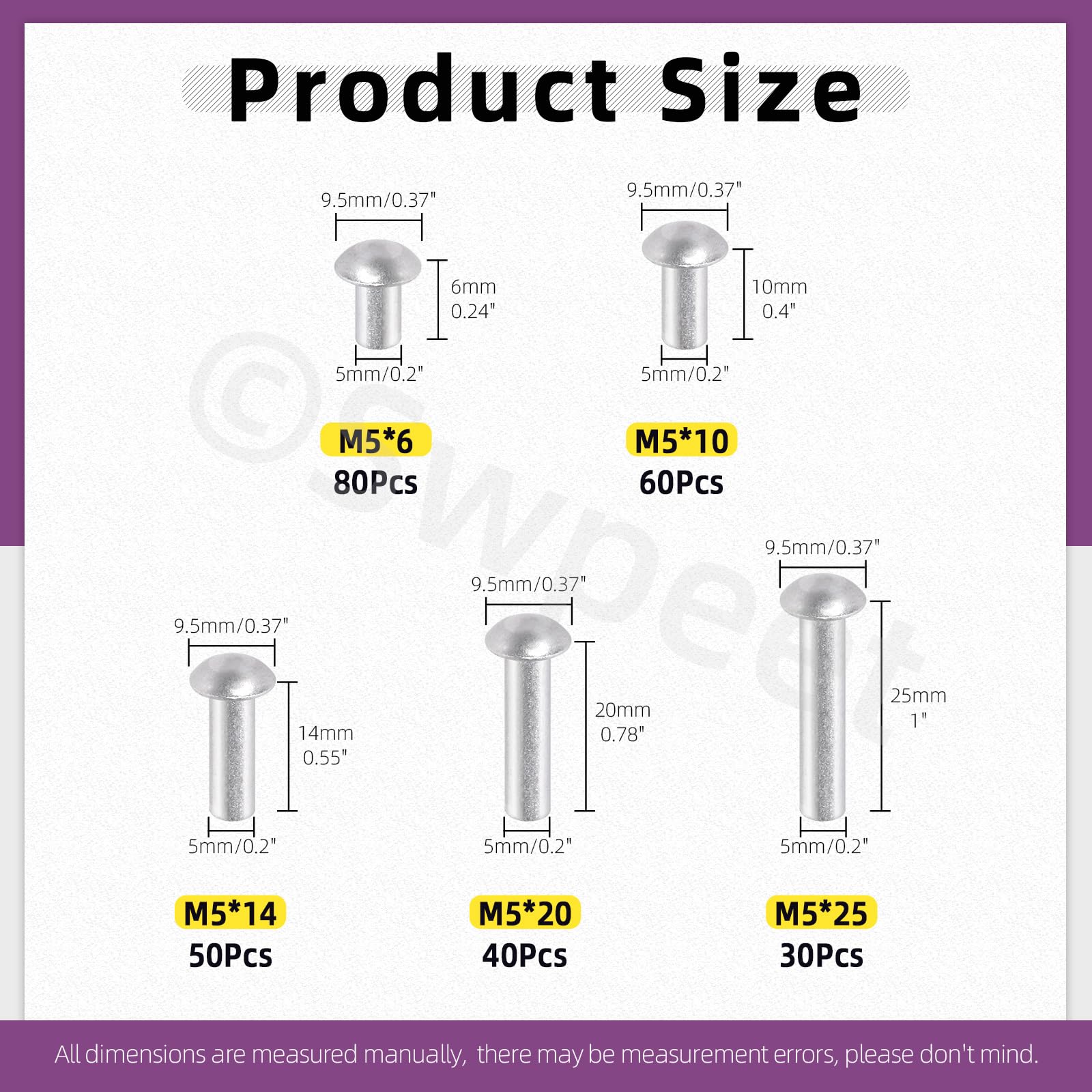 Swpeet 260Pcs M5 × 6mm 10mm 14mm 20mm 25mm Solid Aluminum Brazier Head Rivets, Aluminum Rivet, Plain Finish, Universal Head, High Corrosion Resistance for Repairing Boats, Aircraft, Making Armor