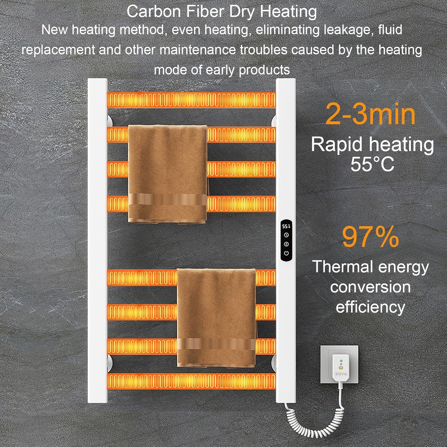 Heated Towel Rack, 200W Towel Warmer Smart Touch 30-70°C Radiator Towel Rail Electric Wall Mounted Towel Rail Timer 1-9H, Towel Radiator 8 Rods Bathroom Radiators 45 x 10 x 70 cm