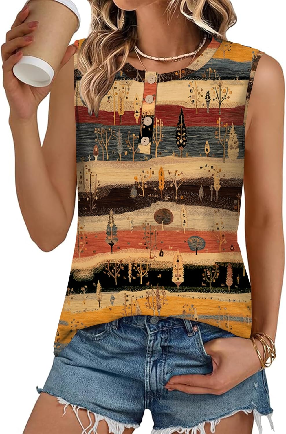 LOMON Tank Top for Women Crew Neck Sleeveless Loose Fit Button Casual Tee Shirts Summer Fashion 2026 Tunic Tops Blouses