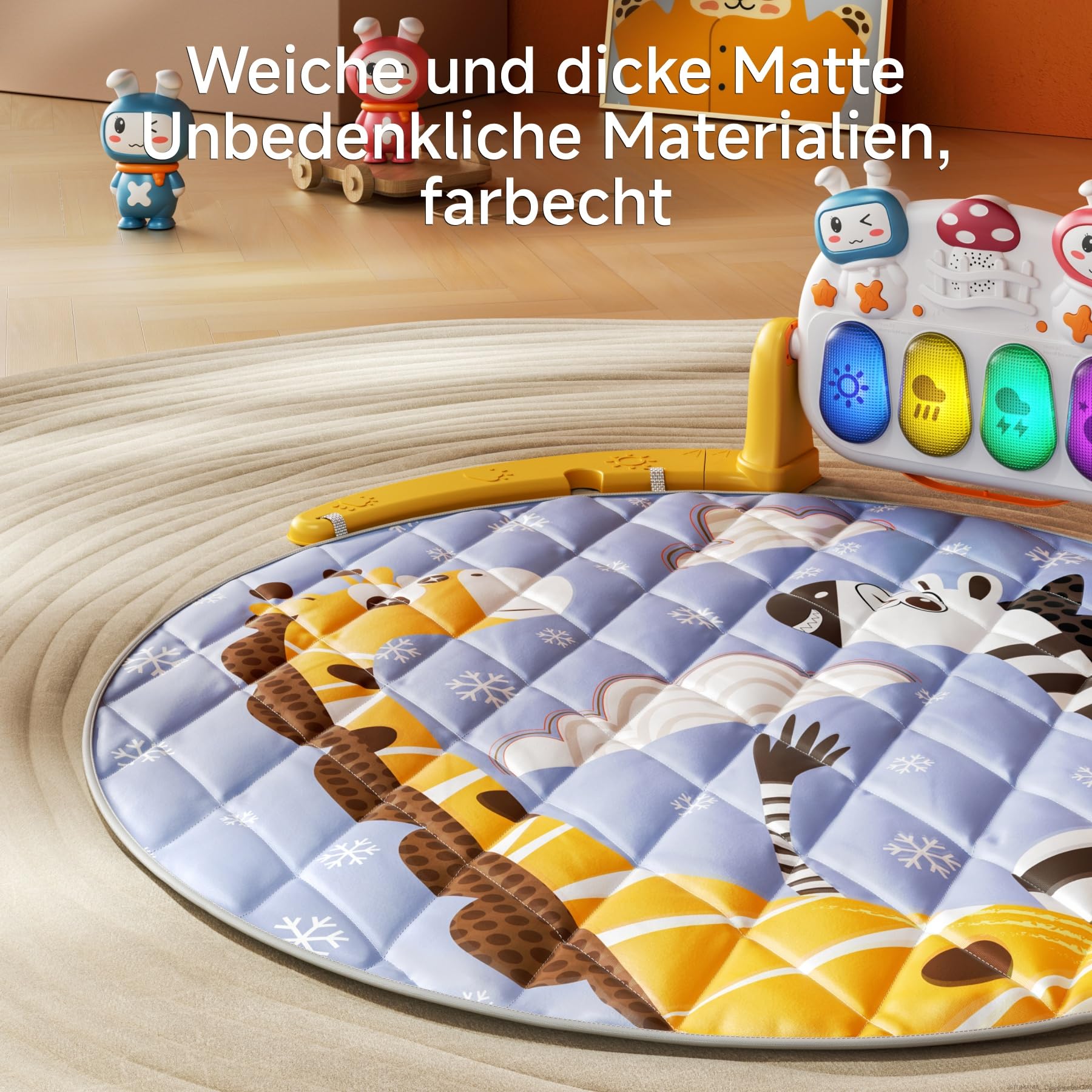 TUMAMA KIDS 4 in 1 Kickin' Tunes Spieldecke mit 70+ Geräuschen, 25+ Minuten Musik, Baby Klavier Turnmatte Fitness Aktivitäts Spielmatte mit 4 Rasseln und Spielbogen, Babyspielzeug ab 0 1 3 6 9 Monate