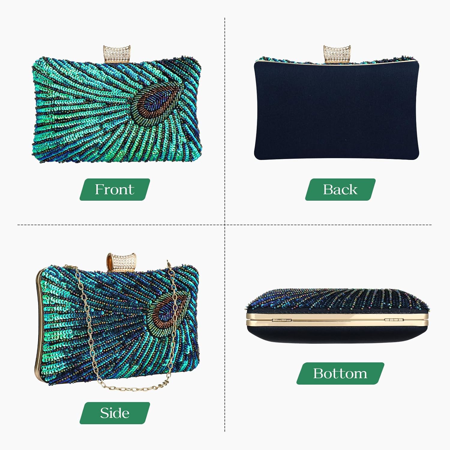 Beaded Sequin Peacock Evening Clutch Bags Crossbody Wedding Purse for Party Birthday Prom - Image 4