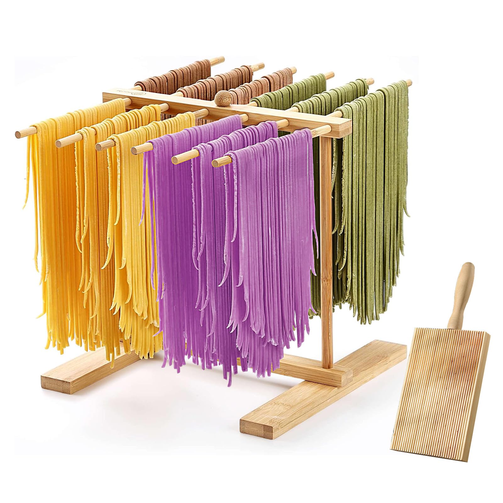 Bamboo Pasta Drying Rack Gnocchi Board Set, Pasta Rack with Transfer Wand and 12 Bars, Household Noodle Dryer Hanger Stand for Fresh Pasta, Homemade Fresh Spaghetti, Quickly Assemble, Easy Storage